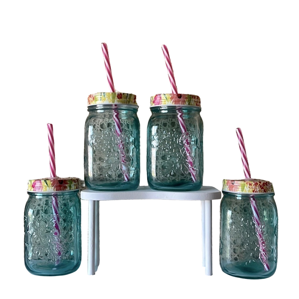 glass floral mason jar cups with lids and straws set of four